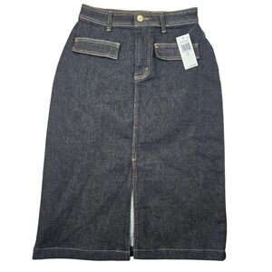 Avec Les Filles Dark Wash Midi Denim SMALL NWT Classic Minimalist Staple‎ Skirt